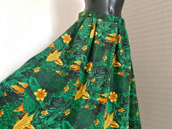 90s Vintage Green Skirt Silky Midi Knee Yellow Fl… - image 4