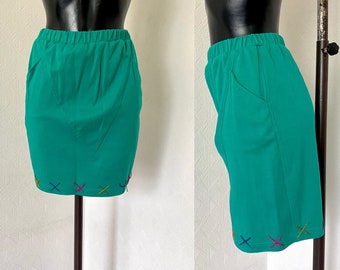 90's Vtg Turquoise Green Pencil Mini Skirt Cotton Warm Tulip Track Skirt Old School Skirt Mini Elastic Waist Back To school Size S