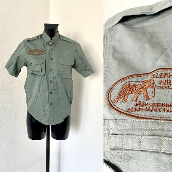 Vintage Safari Uniform Gray Shirt Short Sleeve Unisex Cotton Shirt Elephant Shirt Button Up Western Adventure Wear Chemise Shirt Size S/M