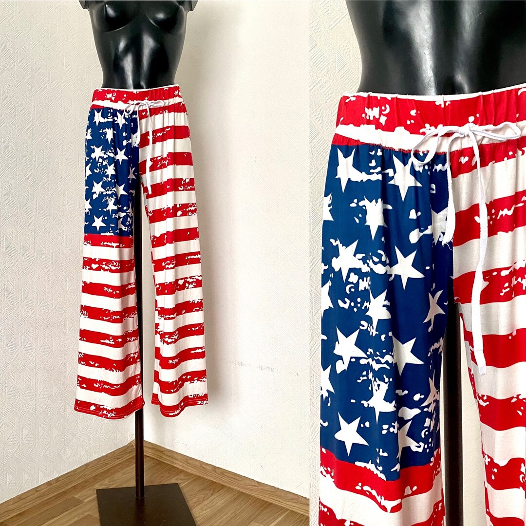 90's Unisex American Flag Pants Bright Color Striped America Star