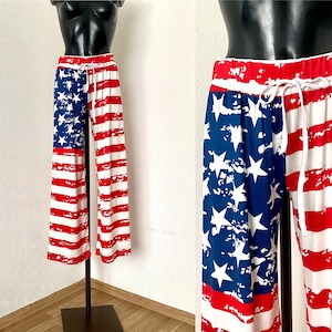 90&#39;s Unisex American Flag Pants Bright Color Striped America Star Relaxed Trousers Wide Pants Elastic Trico Hipster Free Style Pants Size M