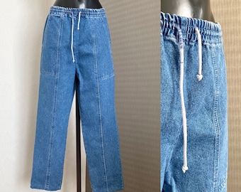 Vintage Free Style Unisex Blue Denim Jeans 1990's Tapered Boyfriend Trousers Vintage High Elastic Waist Relaxed Hippie Straight Denim Size L