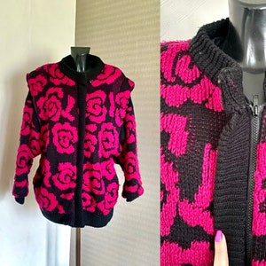90年代 ソフトニット ピンクローズ レディース カーディガン 暖かい ジッパー付き ブラック パフ ロングニット アクリルジャケット パッド入りショルダー 冬用裏地 オーバーサイズ 42