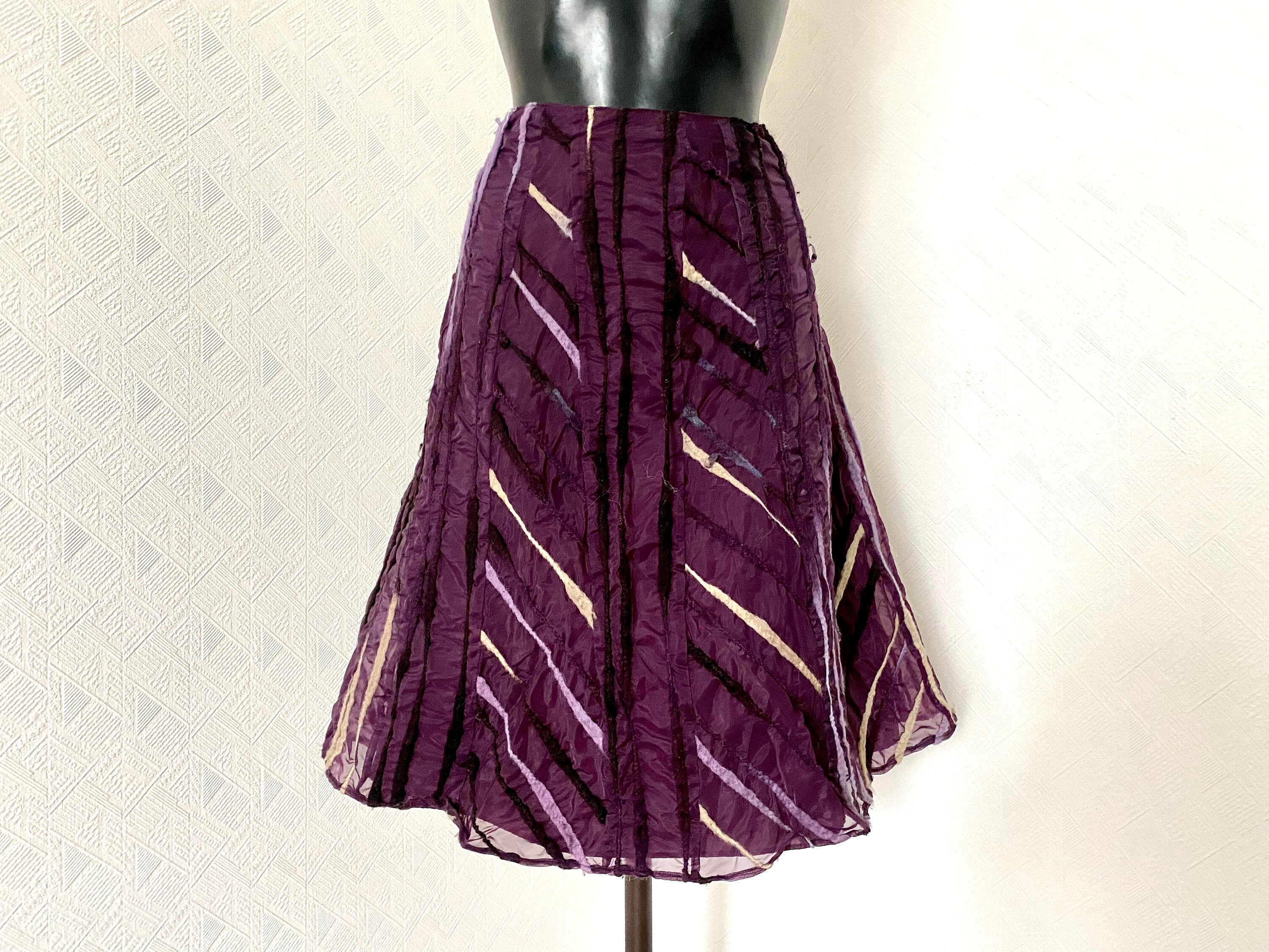 Jupe Vintage Ligne A Grise Monsoon - Broderie Violette - Taille 8 (UK) - Coton Doublé