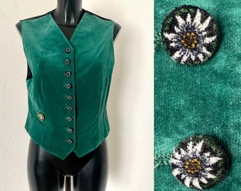 Octoberfest Velvet Green Vest Dirndl Waistcoat Sleeveless Jacket Austrian Tyrolean Bavarian Dirndl Vest Edelweiss Flower Buttons Size M