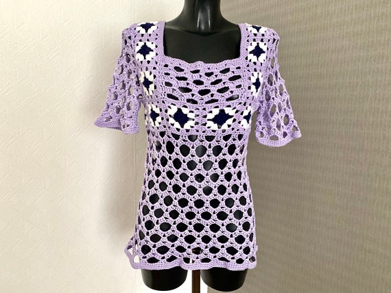 Hand Made Vintage Crochet Purple Top Warm Wool Wo… - image 2