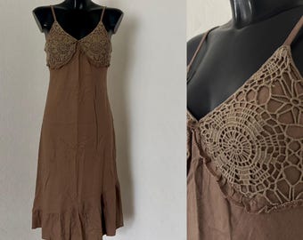 Vintage Brown A Line Midi Dress Women's Spaghetti Strap Lace Bust Tunic Open Back Hippie Mod Dress Bohemian Boho Dress Size S/M