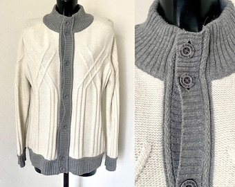 White Men's Warm Wool Cardigan Knit Nordic Style Gray Striped Knitted Jacket Button up Sweater Winter High Collar Cardigan Size L