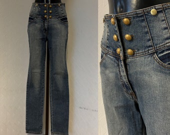 Blue Women's Denim Pants Extra High Waist Buttoned Belt Waist Vintage 1990s  Long Legs Jeans Straight Trousers Embroidered Pockets Size S/M