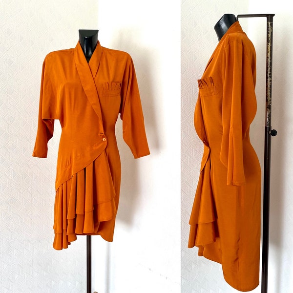 80s Vintage Prom Dress Retro Party Orange Wrap Dress Draped Asymmetric Midi Dress Bat Sleeves Disco Evening Dress Wiggle Tailored Size M