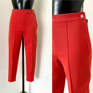 80s Womens Red Skiny Bridge Pants High Waist Ankle Capri Straight Pants 1980s Minimal Riding Pants Tapered Leg Pants Boxed Trousers Size S/M