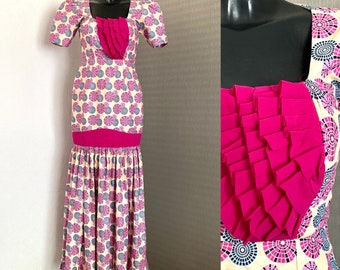 Vintage African Style Maxi Dress Retro Accordion Pleated Romantic Floral Colorblock Pink Formal Party Ethnic Dress Flower Rufle Dress Size M
