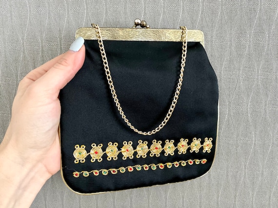 Vintage Mini Black Hand Bag Clutch Bag Embroidere… - image 3