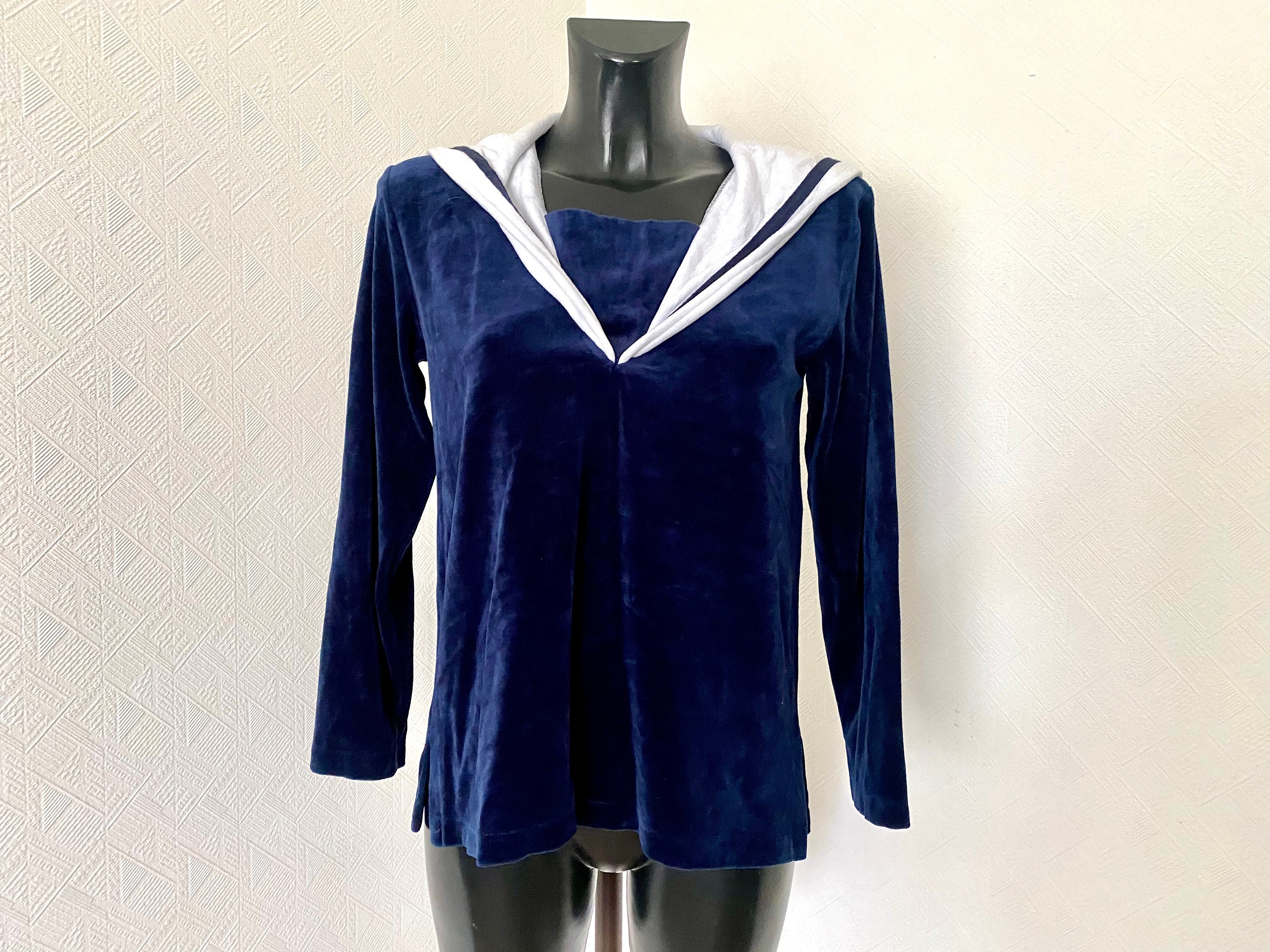 70's Nautical Navy Sweater with White Stripes and Birds by Cyn Les
