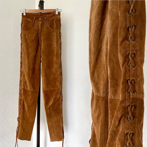 Pantalon marron en cuir suédé vintage des années 90, taille haute latérale, pantalon à lacets, pantalon de cow-boy festival, pantalon western folk alpin autrichien, petite taille XS/S