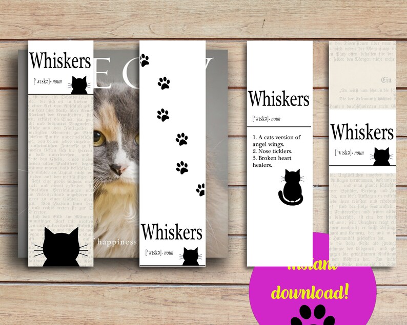 Whiskers Definition Printable Bookmark Set 4x 2x7in bookmarks Etsy