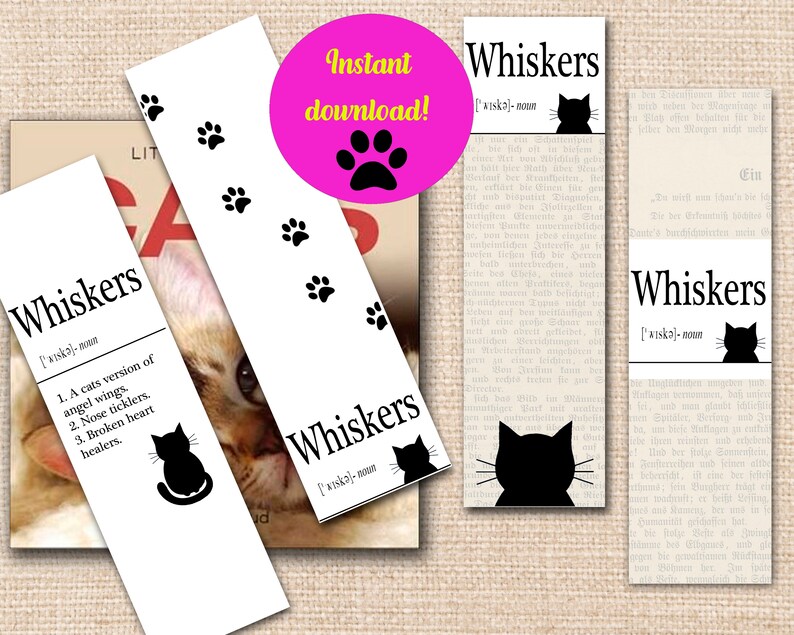 Whiskers Definition Printable Bookmark Set 4x 2x7in bookmarks Etsy