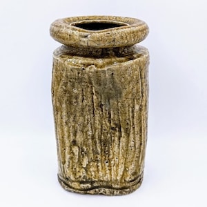 Könnte beinhalten: Eine strukturierte Vase mit breitem, abgerundetem Rand und zylindrischem Körper. Die Vase hat ein raues, rindenartiges Aussehen mit Brauntönen, Beige und Grün. Die Öffnung oben ist dunkel und kontrastiert mit dem helleren Äußeren.