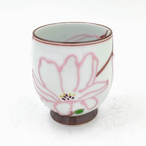 Puede incluir: Taza de té de cerámica blanca con un diseño floral rosa. La taza tiene una base y un borde marrones, y un interior verde claro. El diseño floral está delineado en rosa, con detalles amarillos y negros en el centro.
