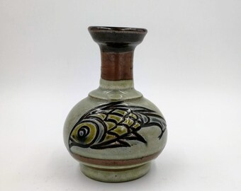 Tsuboya Vase Fish Design Japanese Okinawa Artistic Pottery
