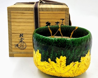Unique Green Raku Chawan with Kintsugi by Sasaki Shoraku 3rd