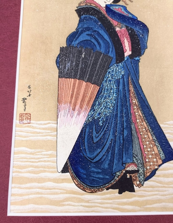 磯田湖龍斎、雪中美人図、超希少・大判画集画、新品高級額装付 磯田湖龍斎、雪中美人図、超希少・大判画集画、新品高級額装