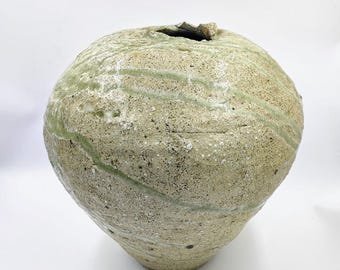 希少 四代目谷清右衛門(1913年～?) 信楽うずく丸花瓶 天然灰釉せっ器