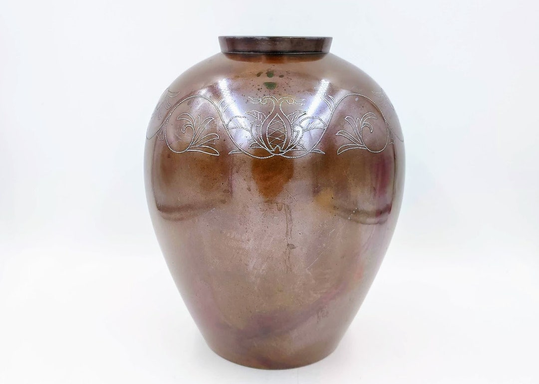 Vintage Japanese Bronze Vase Silver Inlay Etsy
