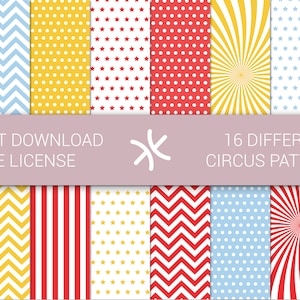 May include: A collection of 16 different circus-themed patterns in various designs. The patterns include polka dots, stars, stripes, chevrons, and diamond shapes in red, yellow, and blue. The image includes the text "INSTANT DOWNLOAD FREE LICENSE" and "16 DIFFERENT CIRCUS PATTERNS".