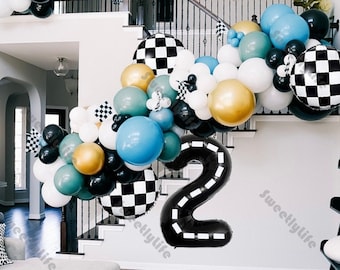 88pcs Race Car Balloon Garland Kit Willow Green Blue Black Checkered Balloon Baby Shower First/Two Fast Birthday Car themed Balloon Arch