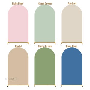 Puede incluir: Seis paneles de fondo arqueados con soportes de metal dorado, mostrados en rosa claro, verde salvia, albaricoque, caqui, verde polvoriento y azul neblina. Cada panel tiene una parte superior redondeada y base plana. El texto SweetlyLife está abajo a la izquierda.