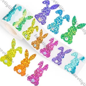 Easter Rainbow Sparkle Rabbit Stickers, Glitter Bunny Labels, Kids Diary, Envelope, Easter Egg Sticker Spring Decor 500pcs Per Roll