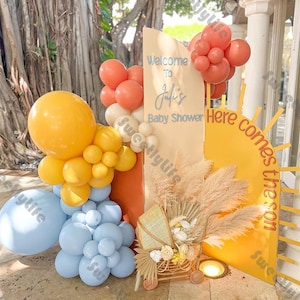 72 pezzi Ecco che arriva il figlio palloncini ghirlanda arco set blu giallo corallo sabbia naturale palloncino in lattice baby shower rivelazione del sesso decorazione di compleanno