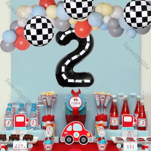 68個ヴィンテージレースカー誕生日、ファーストワンバースデーパーティー、ファーストバースデーレースカーパーティーデコレーション、子供用レースカーチェックバルーンガーランド