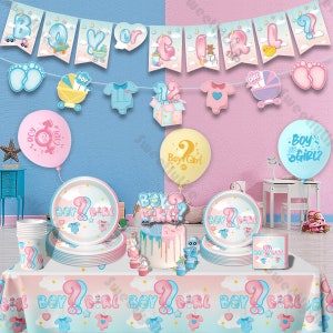 May include: A gender reveal party table setting with blue and pink decorations. The table is covered with a tablecloth with a repeating pattern of clouds, stars, and the words "Boy? Girl?"  There are paper plates, cups, and napkins with the same design. There is a cake with blue and pink frosting and a question mark topper. There are also balloons with the words "Boy? Girl?" and "Boy or Girl?"