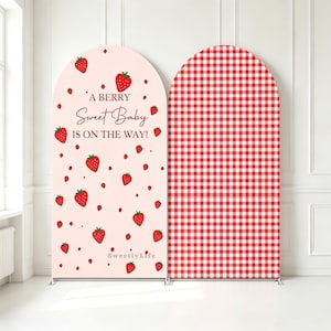 Tela de fondo personalizada con diseño de cuadrícula roja fresa para fiestas de primer cumpleaños de niñas, baby showers y decoración fotográfica.