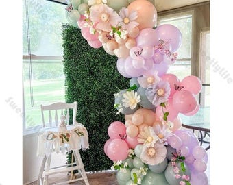 Kit arco a tema primaverile da 99 pezzi con palloncini rosa, viola, pesca, verdi e grigi, perfetti per baby shower, matrimoni, feste di compleanno e altre occasioni speciali.