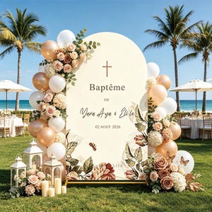 Sfondo personalizzato per battesimo, banner per cabina fotografica per battesimo in stile boho floreale acquerello, decorazioni personalizzate per feste di battesimo miste (bambino/a)