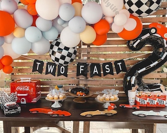 79pcs Race Car Balloon Garland Kit Matte Orange Blue Checkered Balloon Alphabet Hanging Flags Two Fast Birthday Party Decoration