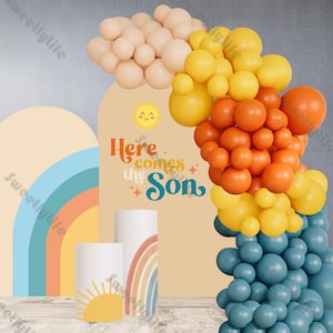 118 pezzi Kit arco di palloncini "Here Comes the Son" Palloncino arancione limone blu Baby Shower Boy 1° compleanno rivelazione del sesso decorazione per feste al tramonto sul mare