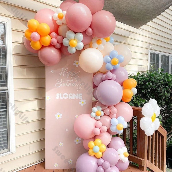 Kit de guirnalda de globos de fondo de margaritas de 147 Uds., arco de globo de melocotón amarillo rosa polvoriento, decoración de cumpleaños bohemio Groovy para Baby Shower