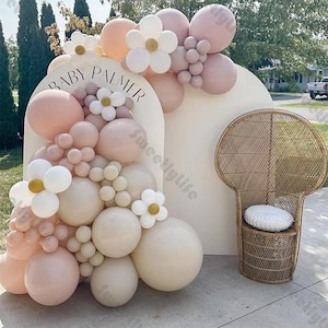 Kit ghirlanda di palloncini boho da 115 pezzi, palloncini rosa sabbia e bianchi con fiori, per baby shower, compleanno di bambine, sfondo con margherite, rivelazione del sesso, decorazioni per matrimoni
