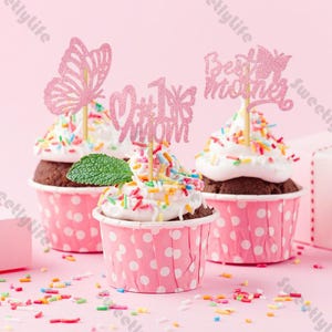12/24 / 36 Stück Rosa Glitter Glücklicher Muttertag Pappbecher Schmetterling Kuchen Topper Kuchen Muttertag Mama Geburtstag Partydekoration Lieferungen