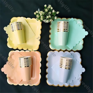 Piatti di carta color caramella, piatti per feste, bicchieri pastello, tovaglioli di paglia, cannucce per lamine dorate, baby shower, compleanni, decorazioni per matrimoni, stoviglie