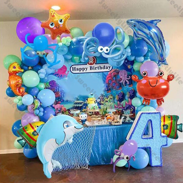 128pcs Mat Bleu Clair Violet Ballons Arche Océan Ballons Baby Shower Dauphin Hippocampe Ballon Sol Révéler Ensemble d’anniversaire