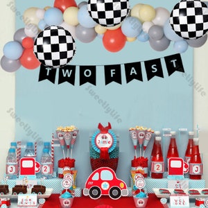 Theme Race Car Balloon Garland Kit Black White checkered Balloon Two Fast/Vroom! Flag Banner Racing Car First/2nd Birthday Party Supplies