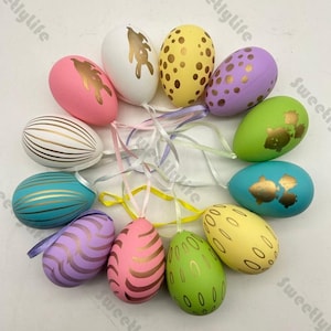 12pcs Pastel Hand Painted Easter Egg Ornaments Spring Table Decorations Personalized Plastic Egg Ornament for Easter Tree Easter Gifts