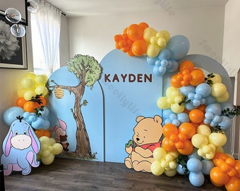 142 szt. Macaron niebieski żółty pomarańczowy balon girlanda ślubna balon tło ujawnienie płci pastelowe baby shower dzieci urodziny przyjęcie wystrój