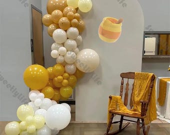 104pcs Bee Day Party Balloon Garland Arch Kit Neutral Sand Brown White Mustard Yellow Balloons for Kids Baby Shower Birthday Decorations Set