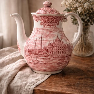 Peut inclure: Théière en céramique blanche et rouge avec couvercle, ornée d'une illustration détaillée d'une scène de port avec des navires et des bâtiments. La théière a un bec et une anse incurvés, posée sur une surface en bois.